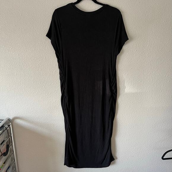 Black Ribbed Short Sleeve Ruched Stretch Bodycon Maternity Comfortable Dress XL - Picture 6 of 8